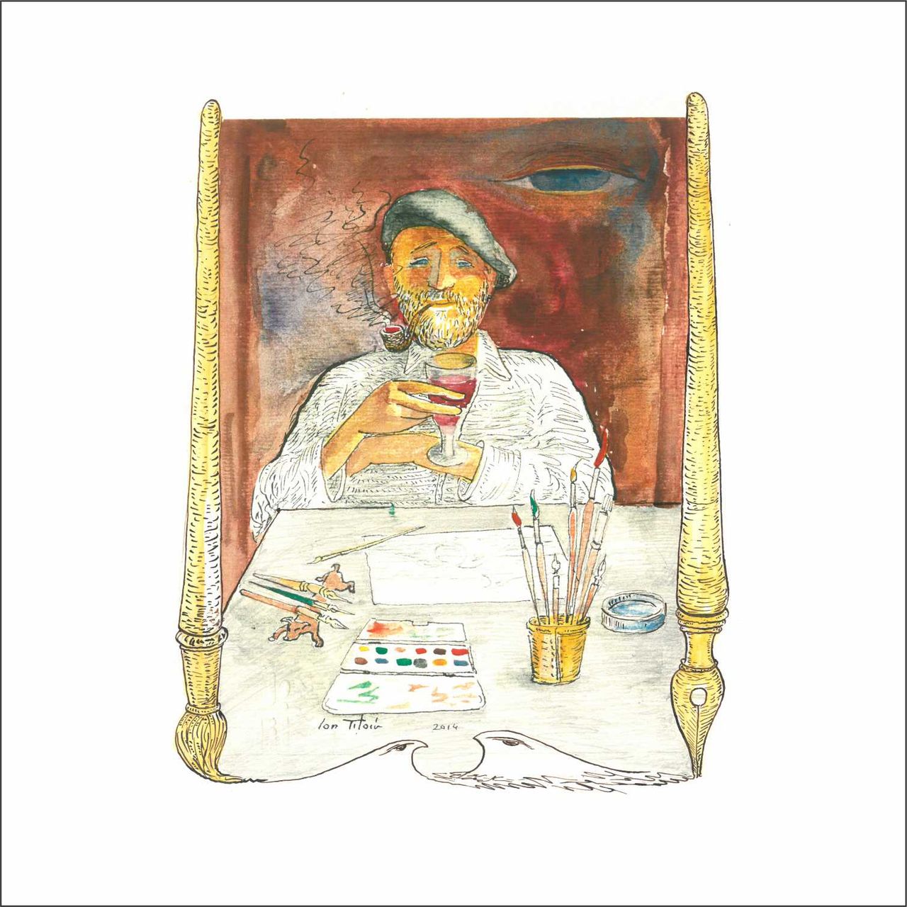Masa de lucru — autoportret cu vin și pipă