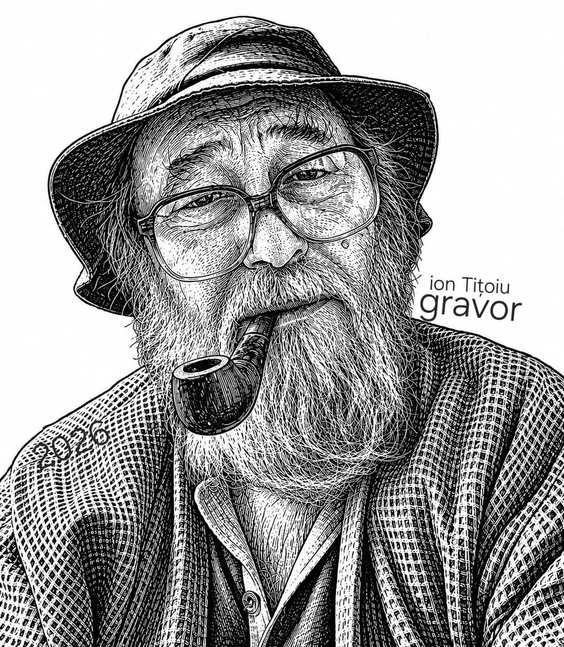 Autoportret — gravor cu pipă (2026)