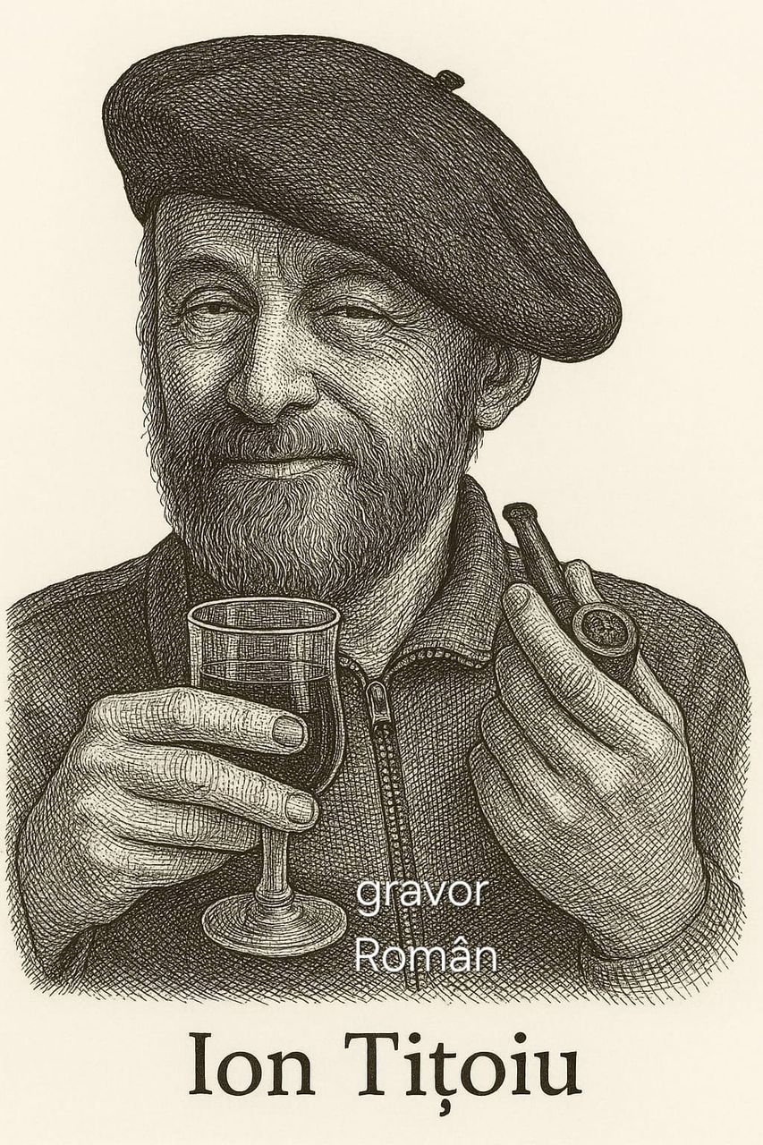 Autoportret — gravor cu vin și pipă