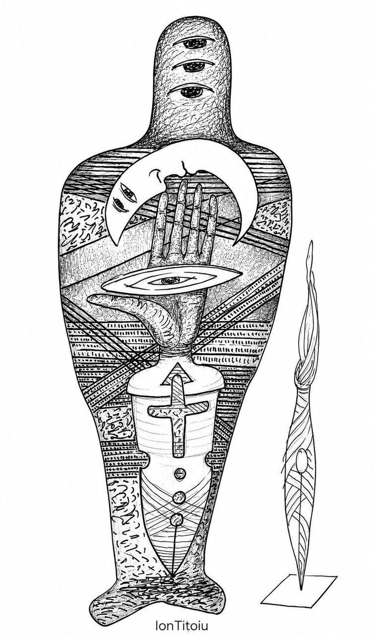 Totem geometric cu semilună și cruce