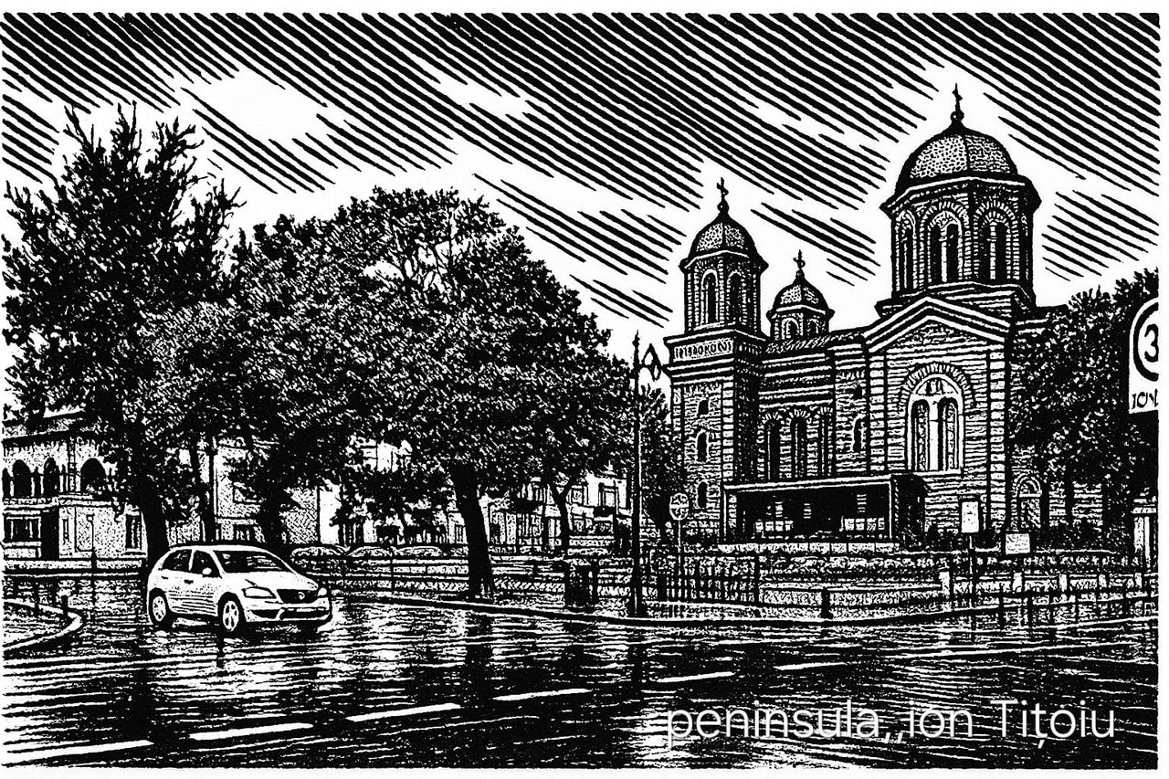 Biserica cu mașină (linocut)