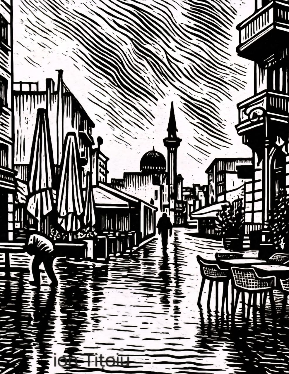 Strada cafenelei (linocut)