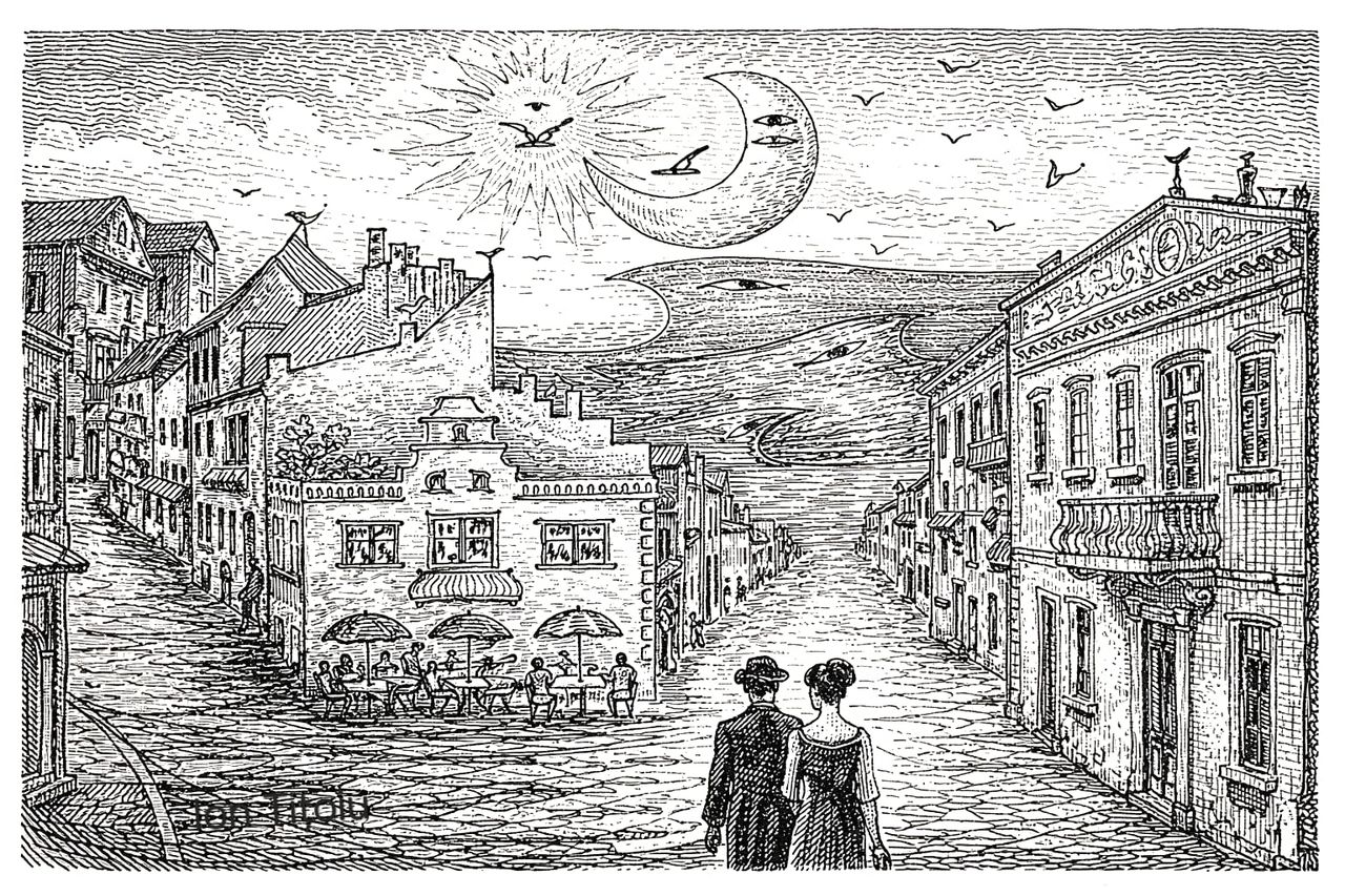 Strada cu soare și lună cu ochi