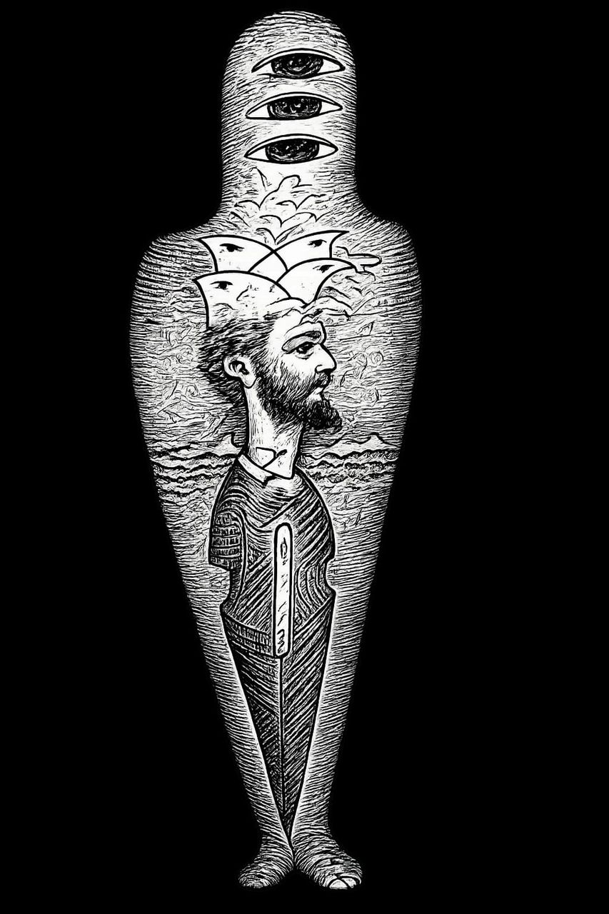 Totem cu pană în marea de pești